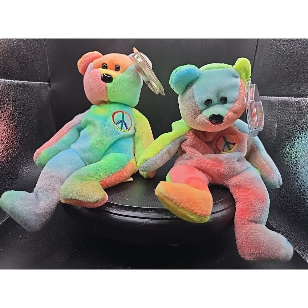 TY PEACE BEAR #4053 BEANIE BABY MWMT Lot Of 2 MANUFACTURER ERROR BEAR PHOTOS!!!